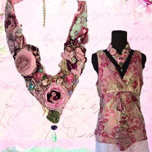 Handmade Rose Embroidered Necklace Collar Vneckline Vtg.Y2K-Style Fairycore